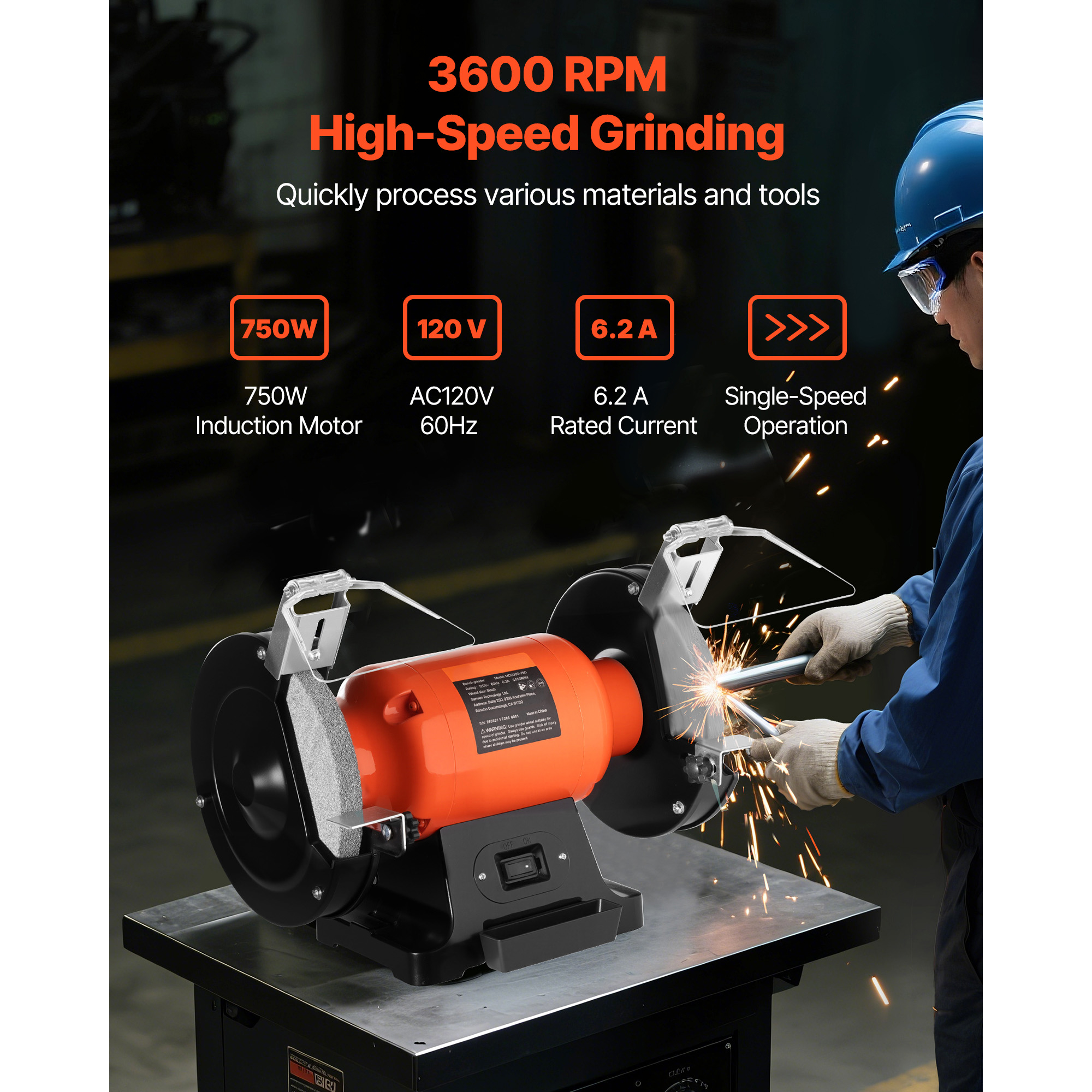 KFFKFF 8-Inch Bench Grinder with 3450 RPM, Single-Speed Table Grinder Featuring 750W Induction Motor, 36/60-Grit Grinding Wheels, and Adjustable Eye Shields for Efficient Sharpening and Grinding