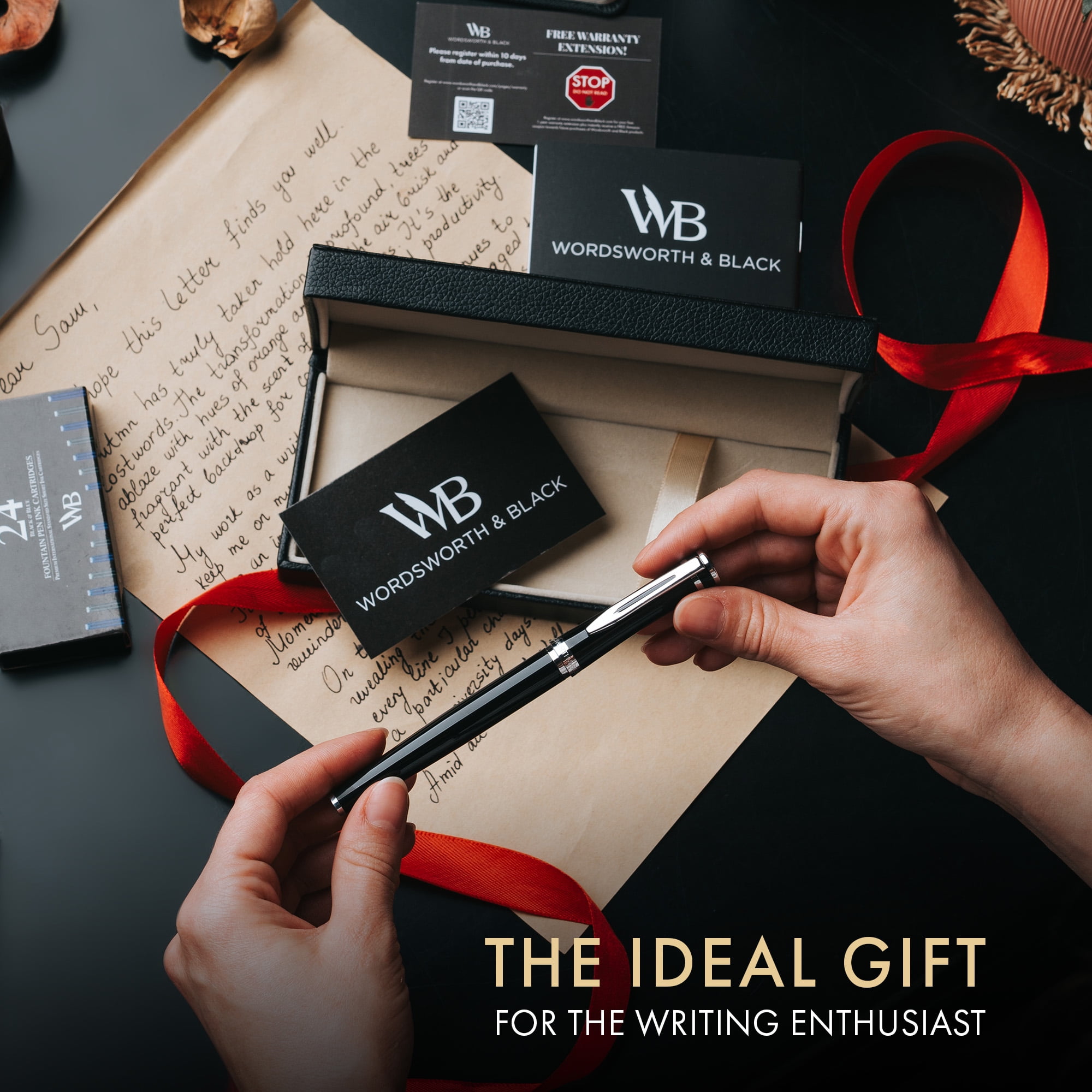 Wordsworth & Black Fountain Pen, Medium Nib Ink Pen, Black Chrome - Refillable, Calligraphy