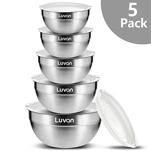 Set of 5,with Lids and Silicone Bottoms Luvan 18/10 304 Stainless Steel Mixing Bowls,Wide Rim for Easy Grip and Pouring,Extra Deep for Generous Servings,FDA-Approved&BPA-free,