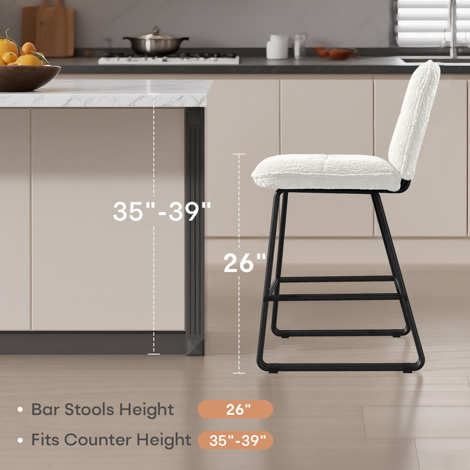 Solfway Bar Stools Set of 3, 26 inch Counter Height Bar Stools with Back, Modern White Velvet Bar Chairs for Kitchen Island with Metal Legs and Footrest