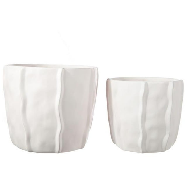 Benzara BM263169 Planter with Ceramic Body & Wave Design, White - Set of 2