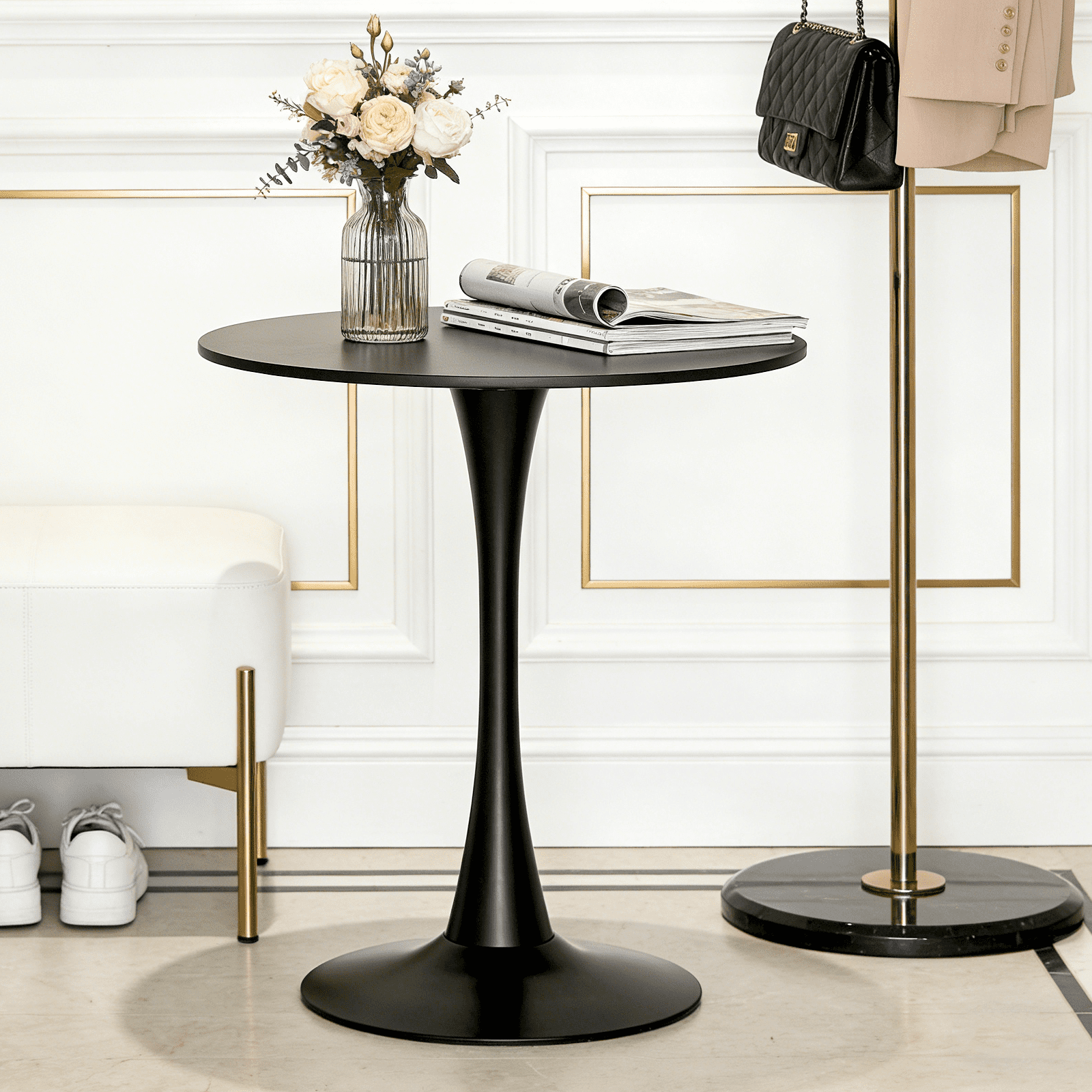 Round Dining Table 31.5 Inch with Tulip Pedestal Base, Modern Bistro Table and Kitchen Table for Small Spaces, Black