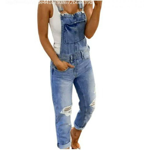 Sunisery Women Casual Stretch Adjustable Denim Bib Pants Baggy Overall Plus Size Wide Leg Jeans Jumpsuits