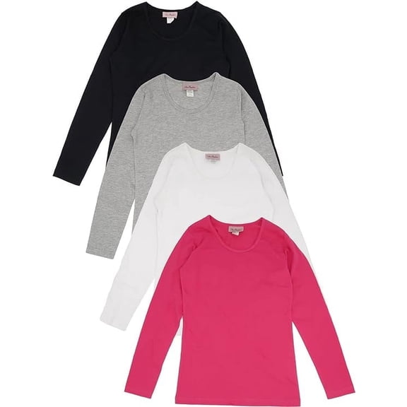 Miss Popular 4-Pack Girls' Long Sleeve Crew Neck T-Shirts, Sizes 7-16