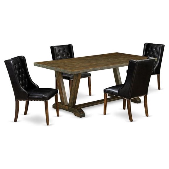 East West Furniture V-Style 5-piece Wood Dining Set with Leather Chairs in Brown