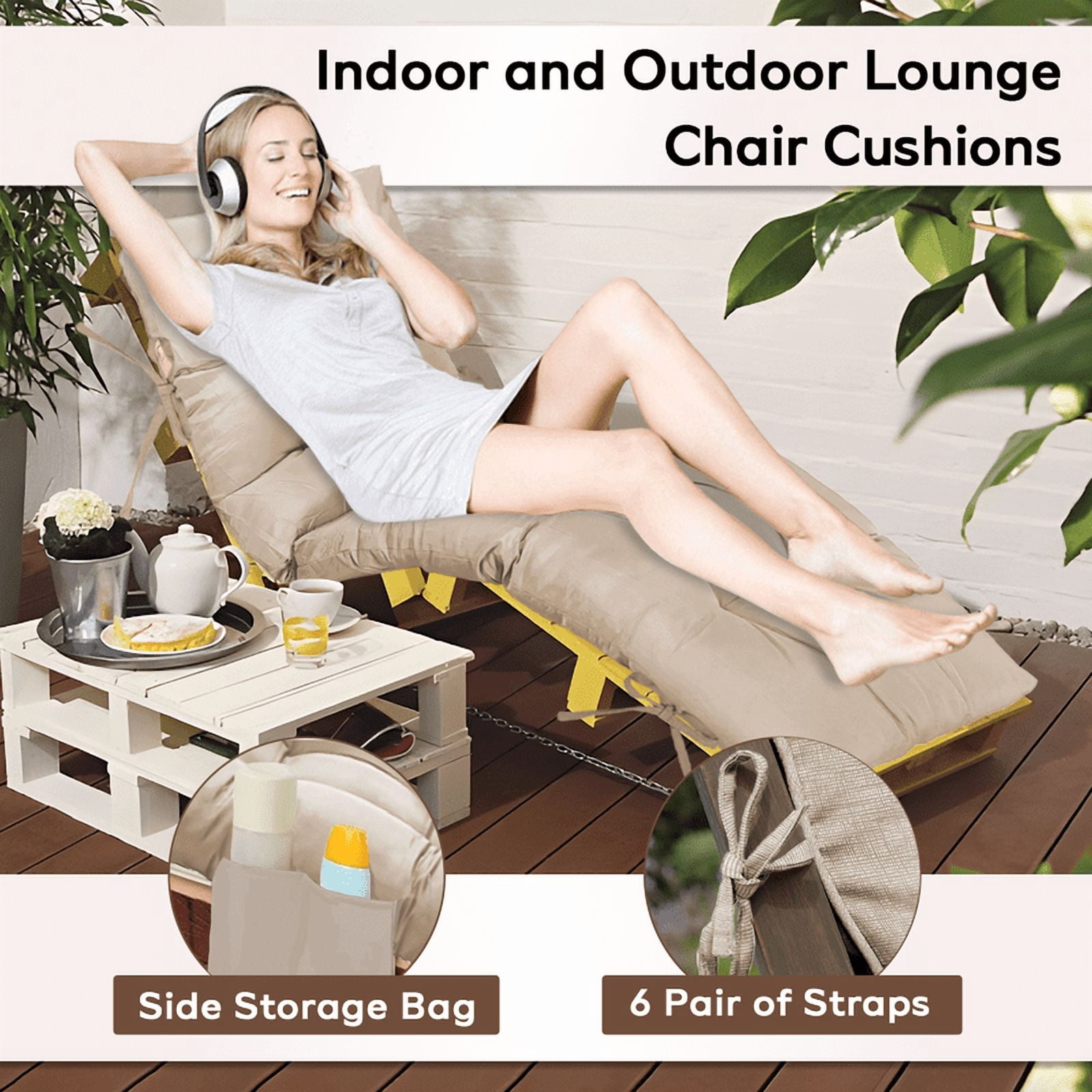 PUKNLY Chaise Lounge Chair Cushion Outdoor, 67*22*4 in Thickened Leisure Lounge Deck Chair Cushion, Waterproof & Fade-Proof Patio Pool Sun Lounger Pad with Straps, Bag, for Pool, Beach, Balcony