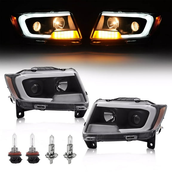 KOJEM Headlights,Fit for 2011-2013 Jeep Grand Cherokee,2012 Front Projector Headlamp, w/LED Tube DRL,Left & Right
