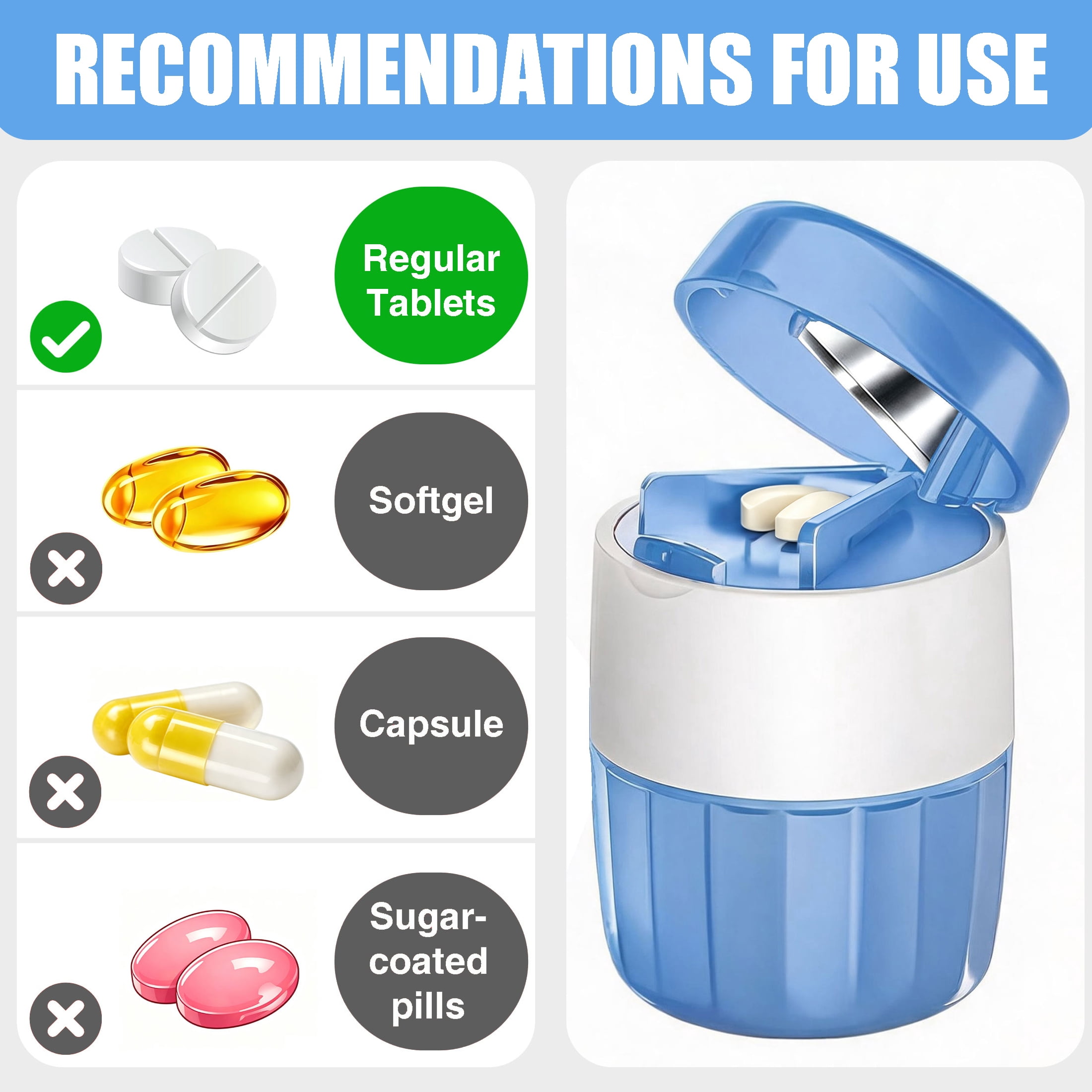 3‑in‑1 Pill Crusher and Pill Cutter, Portable Pill Grinder, Stainless Steel Grinder, Multifunctional Medicine Splitter with Pill Storage Container, Blue