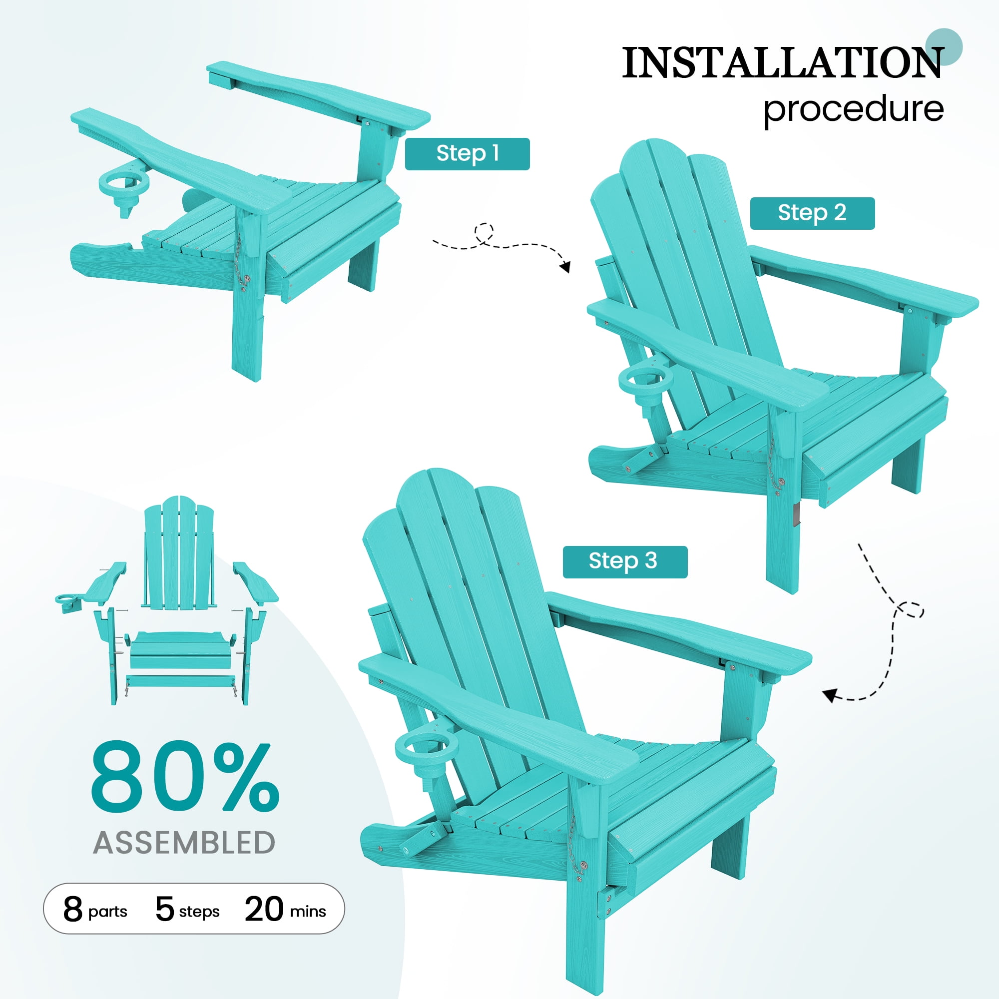 KINGYES Folding Adjustable Adirondack Chair, All Weather Use Reclining Adirondack Chair, HDPE Adirondack Outdoor Chair - Aruba