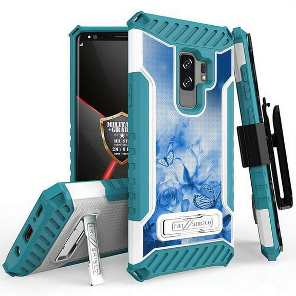 Galaxy S9 Plus Case, Trishield Durable Rugged Heavy Duty Phone Cover [ Belt Clip Holster] And Built in kickstand For Samsung Galaxy S9 Plus - Printed Blue Butterfly