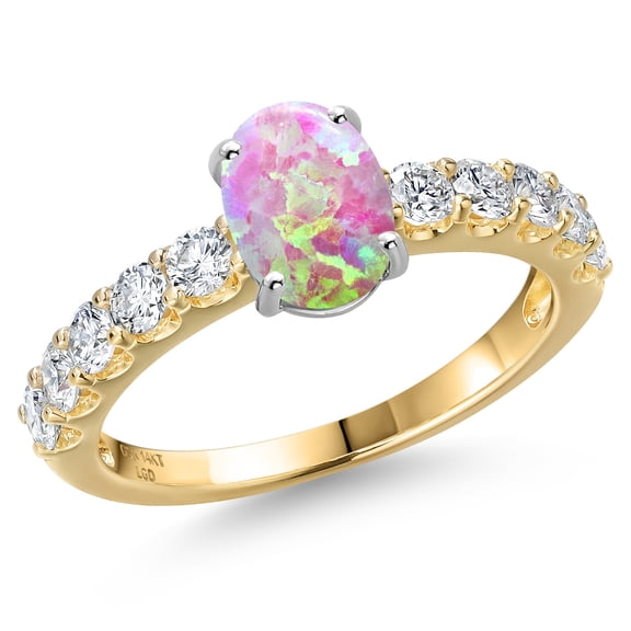Gem Stone King 14K Two Tone Gold Simulated Pink Opal and Lab Grown Diamond Engagement Ring for Women | 1.70 Cttw | Oval Cabochon 8X6MM | Gemstone October Birthstone | Size 7