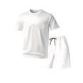 thumbnail image 3 of Men Short Sets Outfits Zaewscy Men Solid Casual Sports Round Neck Pullover Short Sleeve Blouse Elastic Waist Pockets Short Pants White L, 3 of 6