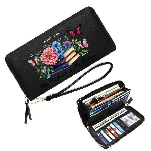 OIDERY Lightweight Women's Clutch Wallet Removable Wrist Strap Wallet for Women Butterflies Floral Arrangement Books Stylish Accessory Smooth Texture Snap Button Wallet