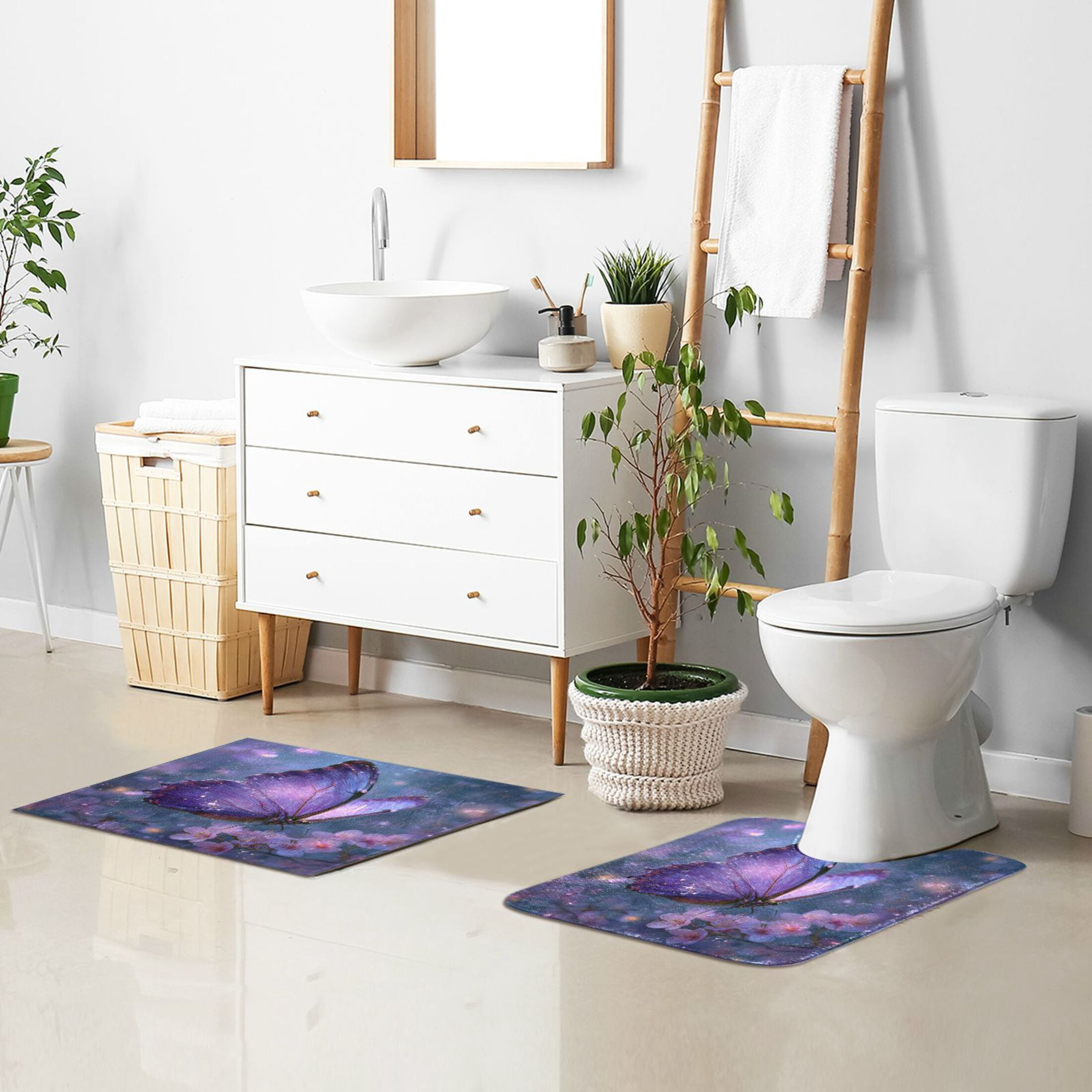 Wobogo Sakura Purple Butterfly U-Shaped Toilet Bath Mat Set Super Soft Absorbent Quick Dry Memory Foam Non Slip Bathroom Rugs for Tub Shower and Single Sink