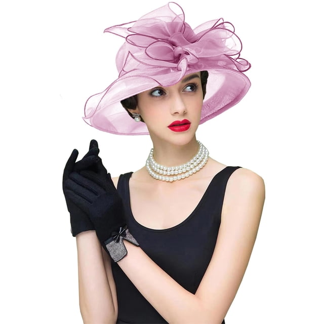 RZTA Sombrero de vestir de iglesia Kentucky Derby para mujer, ala ancha, flor de hoja, sombrero de despedida de soltera