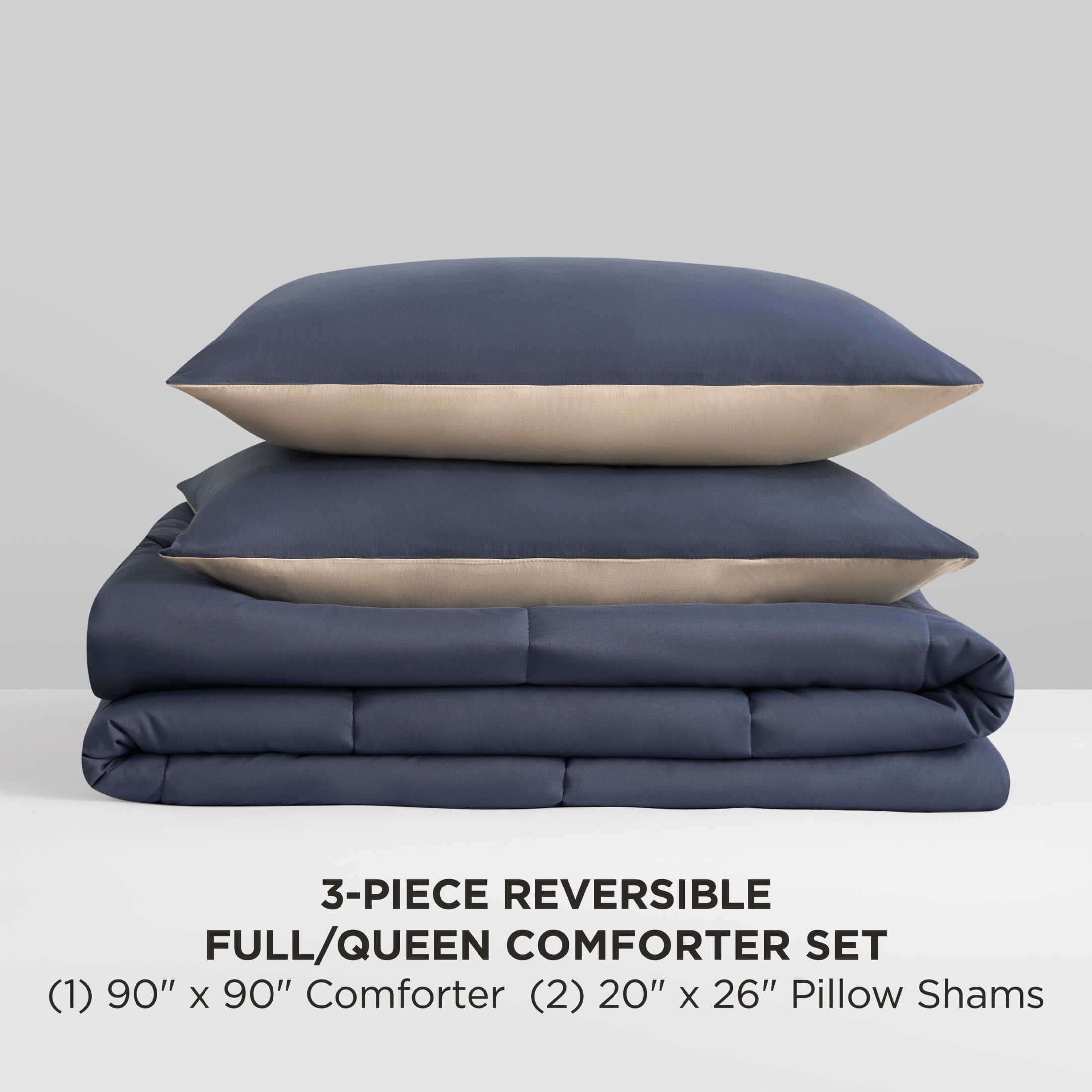 The Sheet Lab Reversible Box Stitch Comforter Set, 3-Piece Full/Queen – Navy Blue/Tan