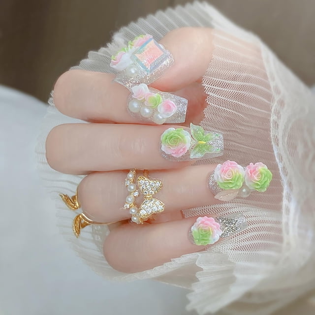 Presiona Nails FIEONCIY, cuadrados, de longitud media, con estampado floral verde