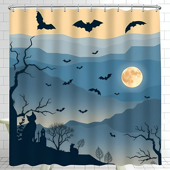 Halloween Shower Curtain - Dusky Blue Mountain Landscape with Bats & Full Moon Spooky Gothic Design for DƩcor