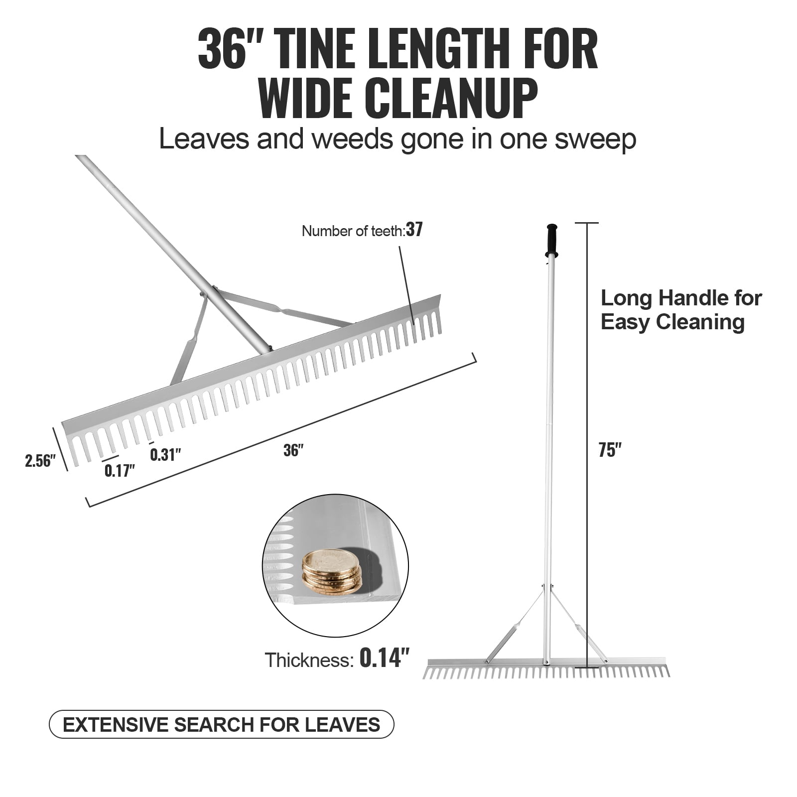 KFFKFF Landscaping Tool, 36" Aluminum Rake Head, Aquatic Weed Rake with 75" Extended Handle, Ideal for Soil Aeration, Lawn Maintenance, Clearing Lake, Garden, and Pond