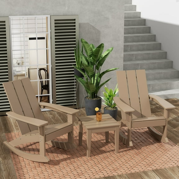 WestinTrends Ashore 3 Piece Patio Rocking Chair Set, All Weather Poly Lumber Adirondack Rocker Bistro Set Porch Patio Chairs Set of 2 with Large Side Table, Weathered Wood
