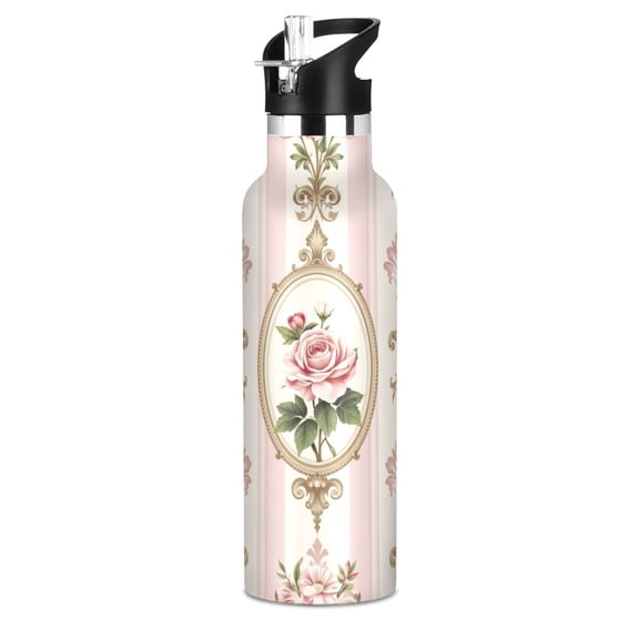 600ml Stainless Steel Water Bottle with Straw/Handle Bike Water Bottle, Pink-rose Printed
