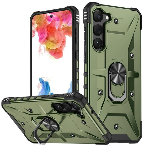 ELEHOLD Heavy Duty Rugged Case for Samsung Galaxy A15,360° Rotation Ring Holder Kickstand Function Anti-Slip Work with Magnetic Car Mount Shockproof Protective Case for Galaxy A15,Armygreen