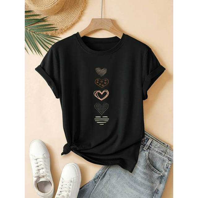 T-Shirt Rétro pour Femmes avec Imprimé Cœur Noir - Col Rond, Manches Courtes, Coton, Lavable en Machine pour Style Sportif Décontracté d'Été, Mode Décontractée d'Été