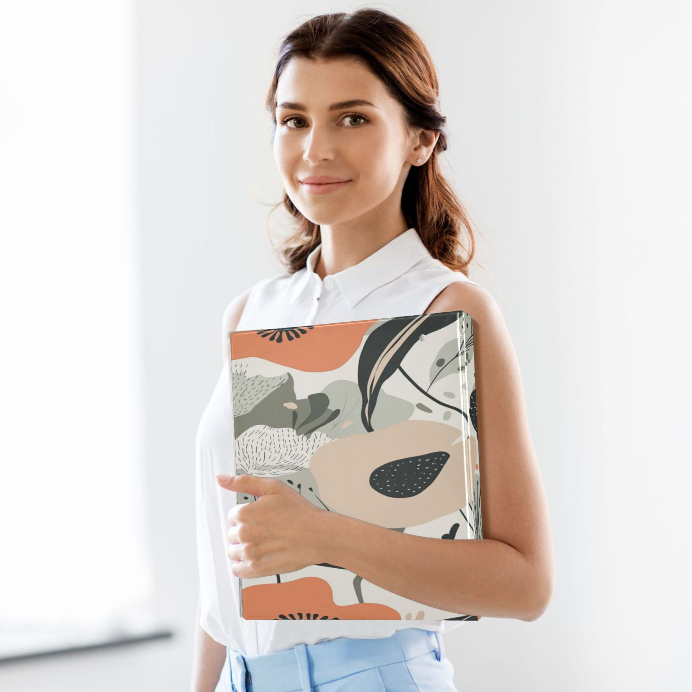 Artistic Floral Pattern 12.4x10.6in PVC Round Ring Binder, D-Ring 3-Hole, Metal Clip, 200 Sheets