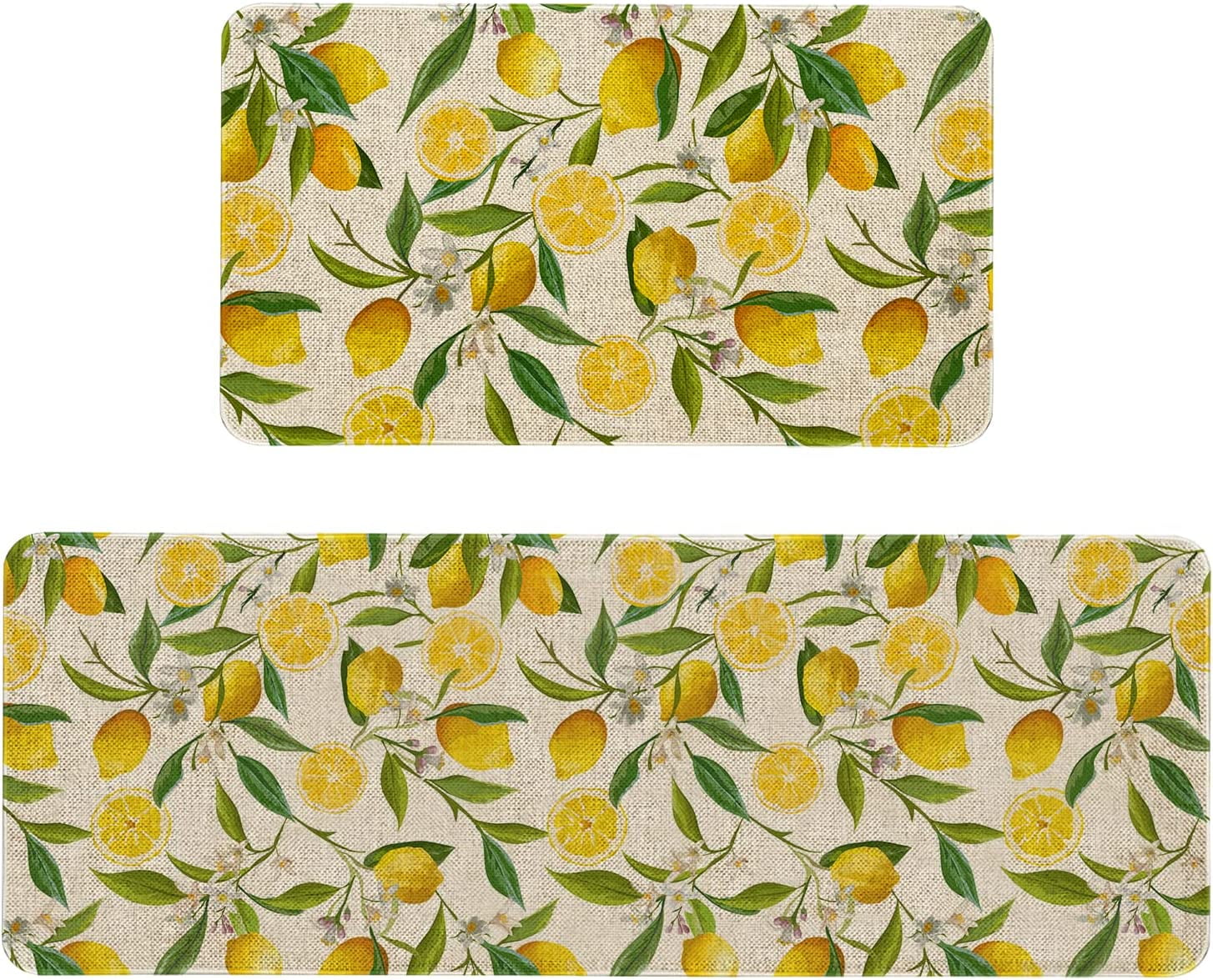Farmhouse Lemon Kitchen Rugs and Mats Set of 2, Seasonal Floral Lemon