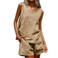 thumbnail image 3 of Frostluinai Womens 2 Piece Outfits Linen Matching Sets Sleeveless Crop Tank Tops and High Waist Lounge Shorts with Pockets Khaki M, 3 of 8