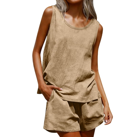 Tdoqot Womens Cotton Linen Outfit Sets- Summer Loose Fit Lightweight Casual Tank Tops and Shorts Khaki Size XS-2XL