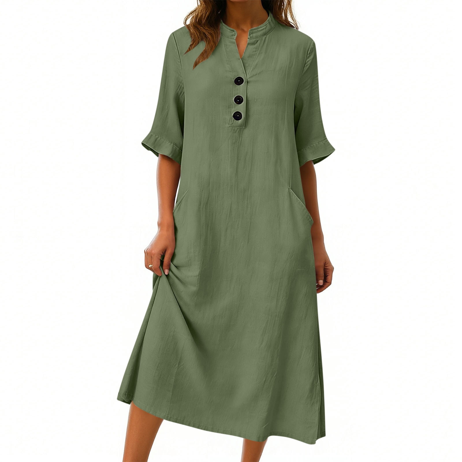3/4 Sleeve Linen Midi Dress for Women Summer Loose Button Up Stand Collar A-Line Beach Vacation Dresses with Pockets