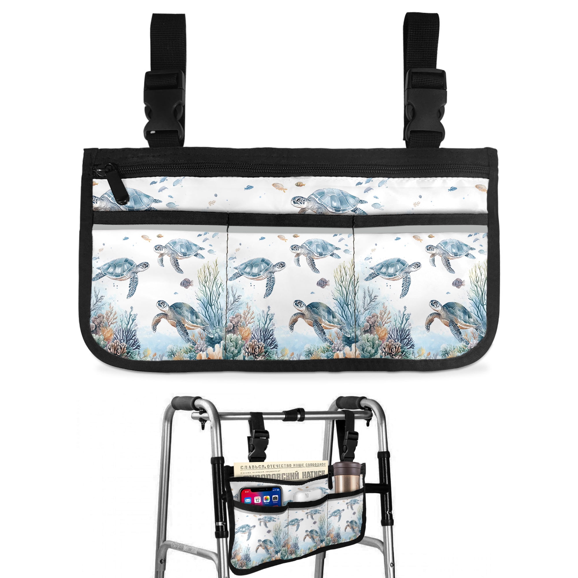 Sea Turtle Coastal Wheelchair Side Bag Walk Bag Basket, Summer Beach Coral Ocean Blue Nautical Wheelchair Accessories Armrest Pouch, Organizer Storage Bags for Walkers, Rollators, Scooters, 7.3"x13"