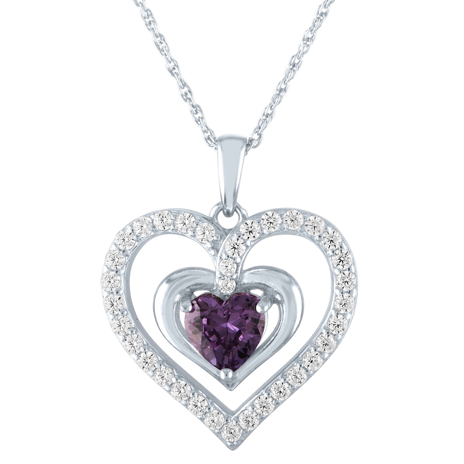 Brilliance Simulated Amethyst and CZ Sterling Silver Heart Pendant, 18"