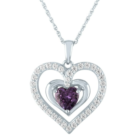 Ladies Brilliance Fine Jewelry Simulated Amethyst and CZ Sterling Silver Heart Pendant, 18"