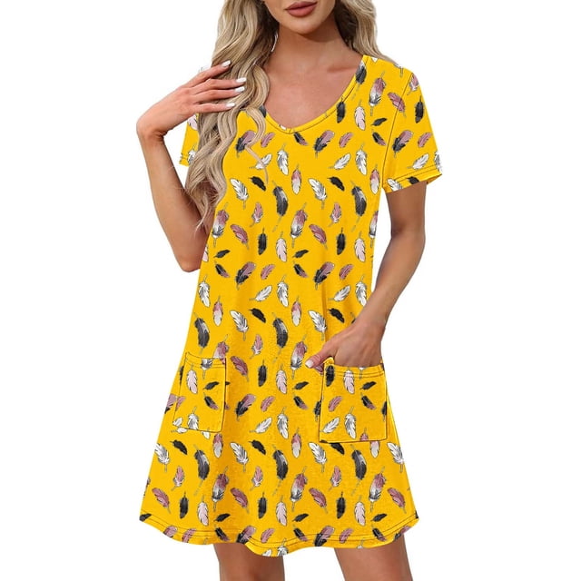 Robe à Imprimé Floral pour Femmes Été Décontractée à Manches Courtes Col en V Robe T-Shirt Coupe Ample Style Tunique