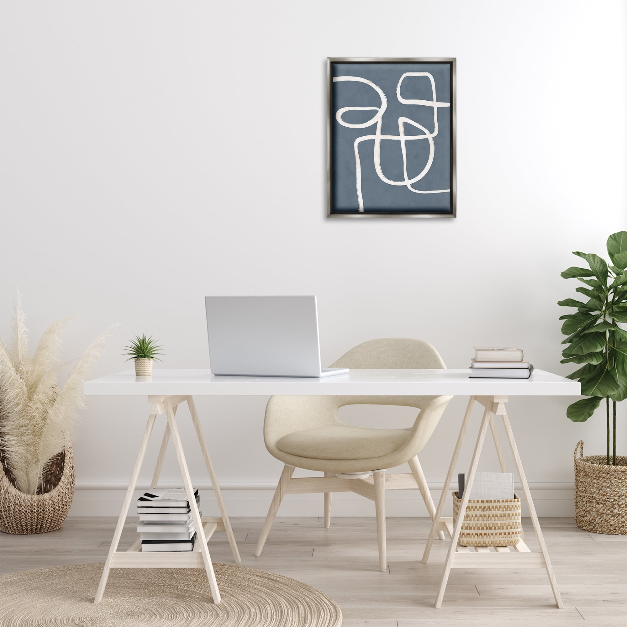 Stupell Industries Freeflow Line on Blue Abstract Painting Gray Floater Framed Canvas Art Print Wall Art, 17 x 21