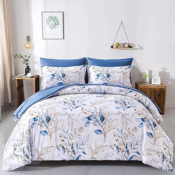 7Pcs Blue Botanical Queen Size Comforter Set Bed in a Bag Bedding Set Adult (90"x90")