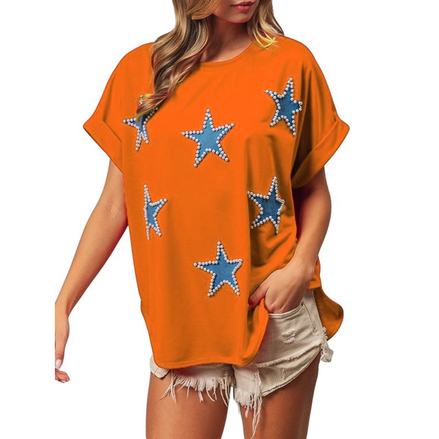 Nituyy T-Shirt d'Été Ample pour Femmes Appliques Étoile de Perle Manches Courtes Col Rond Tops Surdimensionnés