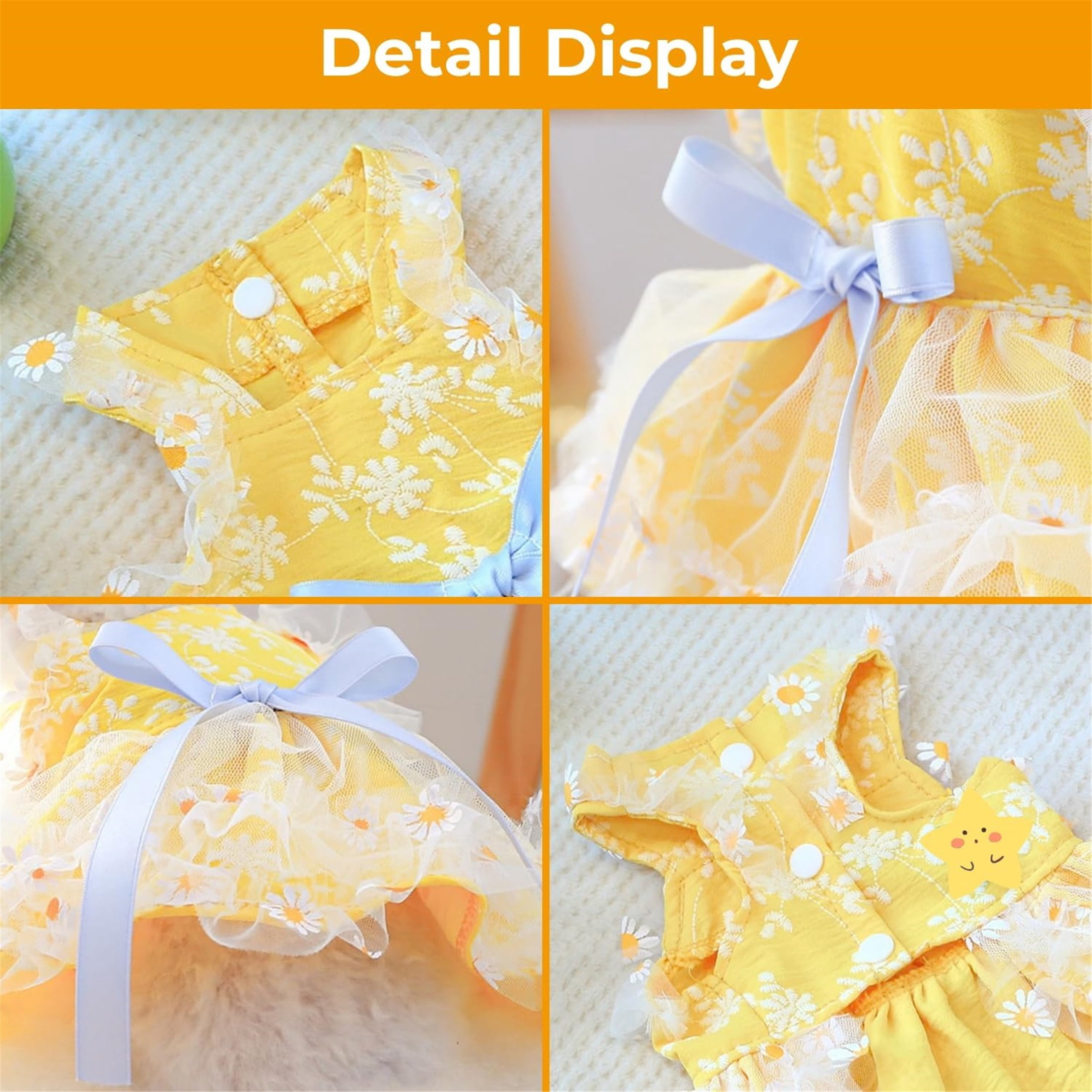 HQREA Yellow Daisy Small Dog Dress Summer Girl Dog Clothes Puppy Outfits for Wedding Birthday Party