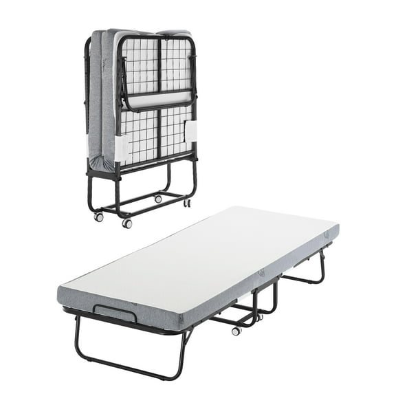 KFFKFF Collapsible Bed, Dimensions 31 in x 75 in, Comes with 4 in Mattress, Twin Size Retractable Bed Featuring Robust Metal Structure & Memory Foam Mattress, Movable Twin Retractable Bed