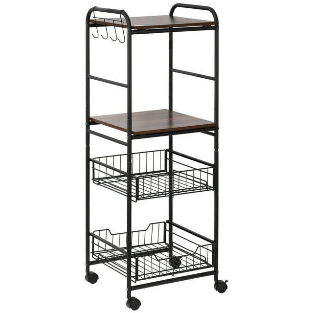 HOMCOM Chariot de Cuisine avec 4 Niveaux, 2 Tiroirs en Forme de Panier, Crochets, Noyer