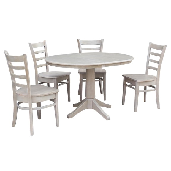 36" Round Extension Wood Dining Table With 4 Emily Chairs in Washed Gray Taupe
