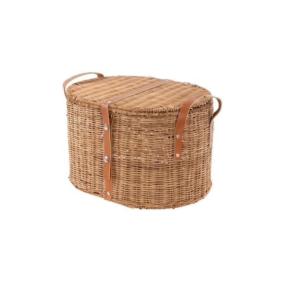 DecMode 16" x 10" Brown Rattan Handmade Woven Storage Basket with Lid and Leather Handles, 1-Piece