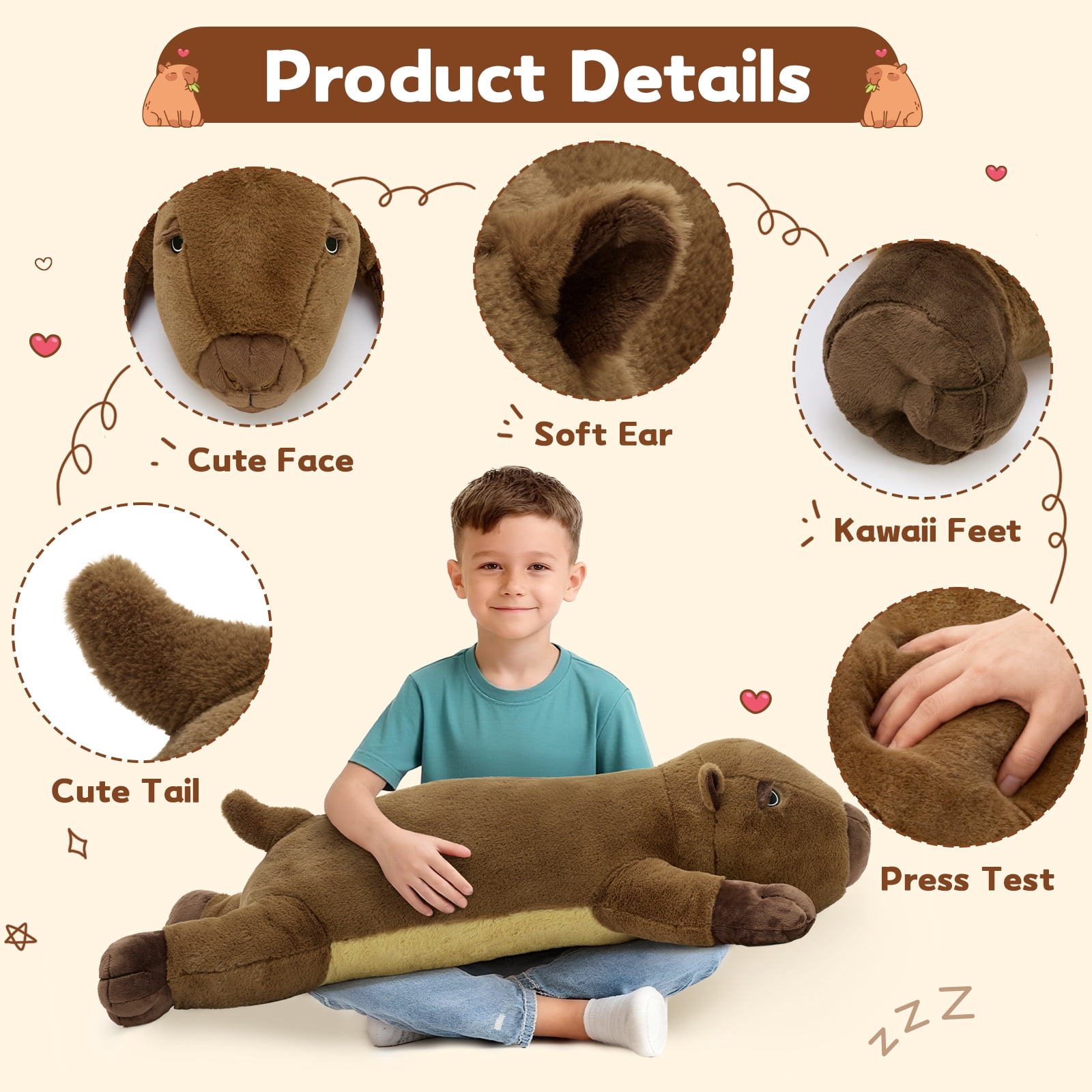 MorisMos 39" Cute Capybara Stuffed Animal, Soft Sleeping Capybara Throw Pillow