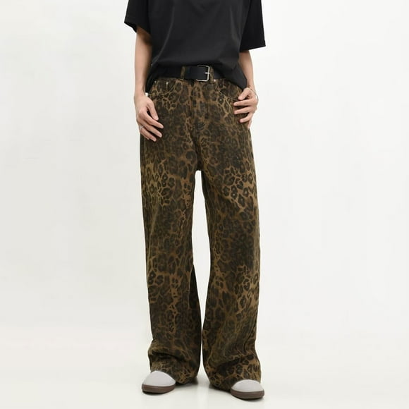 EQWLJWE Summer Saving!Leopard Print Jeans for Women,Jeans for Women High Waist Y2k Leopard Pants Vintage Streetwear Jeans Straight Leg Denim Loose Trouser