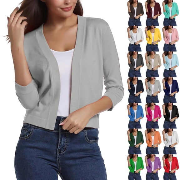Essential Open Front Cropped Cardigan for Women, Soft Knit 3/4 Sleeve Bolero Shrug - Lightweight Solid Color Layering Top for Office Work Casual Spring Summer Black L
