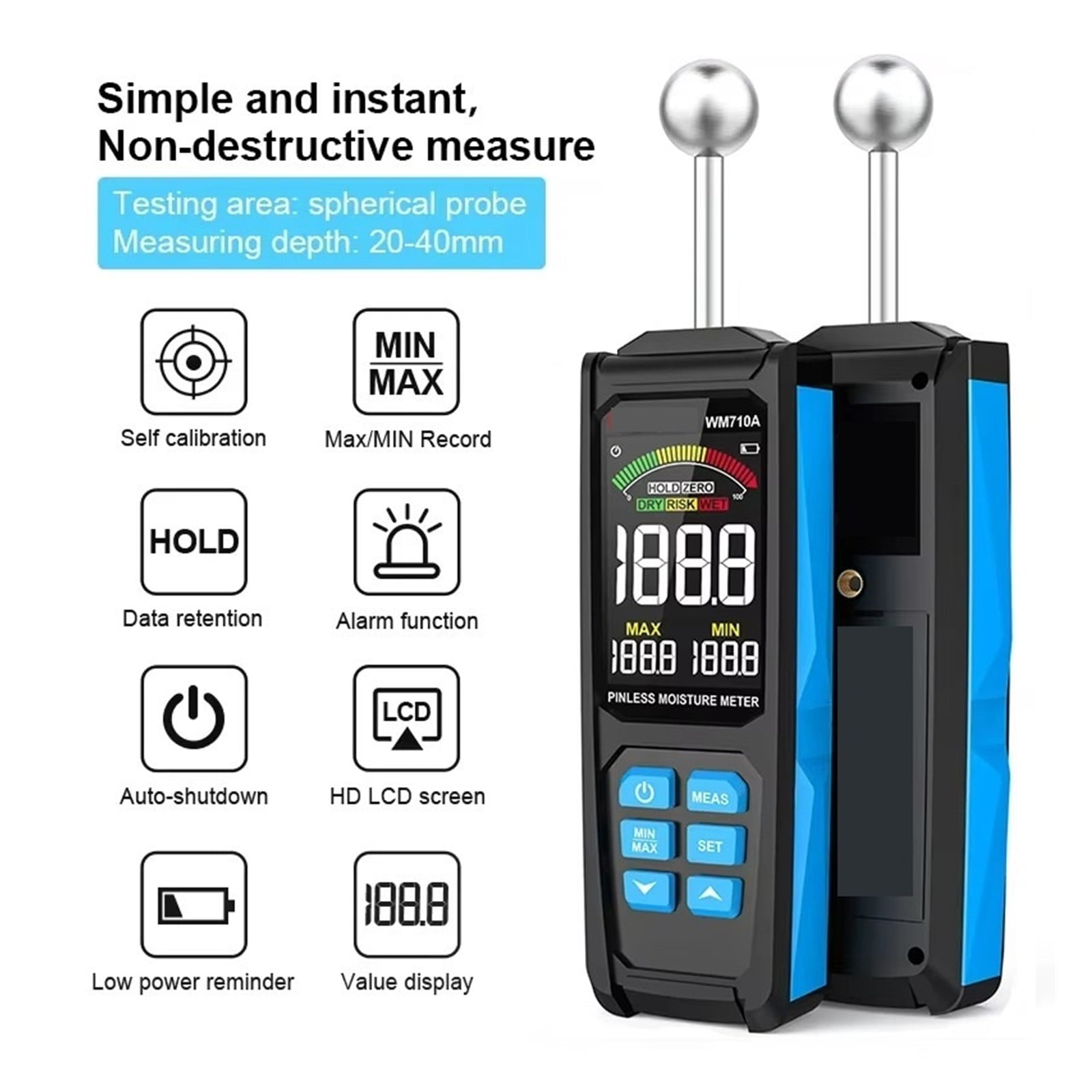 WM710A Digital Wood Moisture Meter Spherical Hygrometer Record Humidity Auto Timber Damp Detector