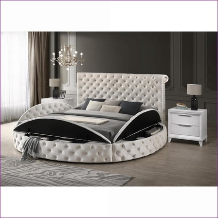 Bedroom Furniture Set Queen Round Ivory Velvet Storage Bed with 2 White Nightstands | Velvet | Novelty Beds