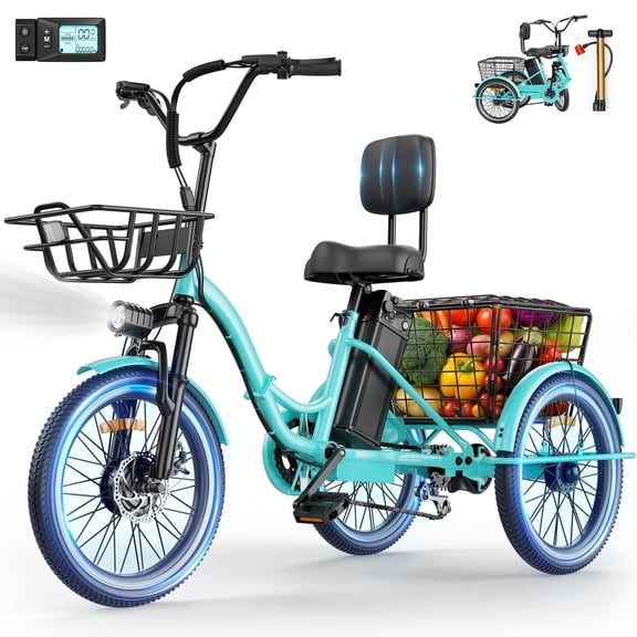 Flycity Electric Tricycle for Adults, Peak 1200W Electric Trike with 48V 15Ah Removable lithium battery, 20" 7 Speeds 3 Wheels Electric Bikes, Green